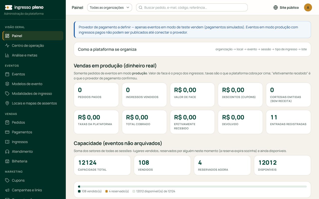 Editor de mapa de assentos no backoffice: setores coloridos, palco, fileiras desenhadas e o painel de configuração do setor.