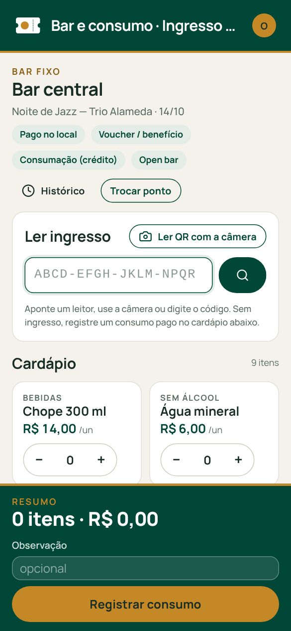 Tela do bar: leitura do ingresso, benefícios do comprador, cardápio com quantidades e o resumo do consumo.