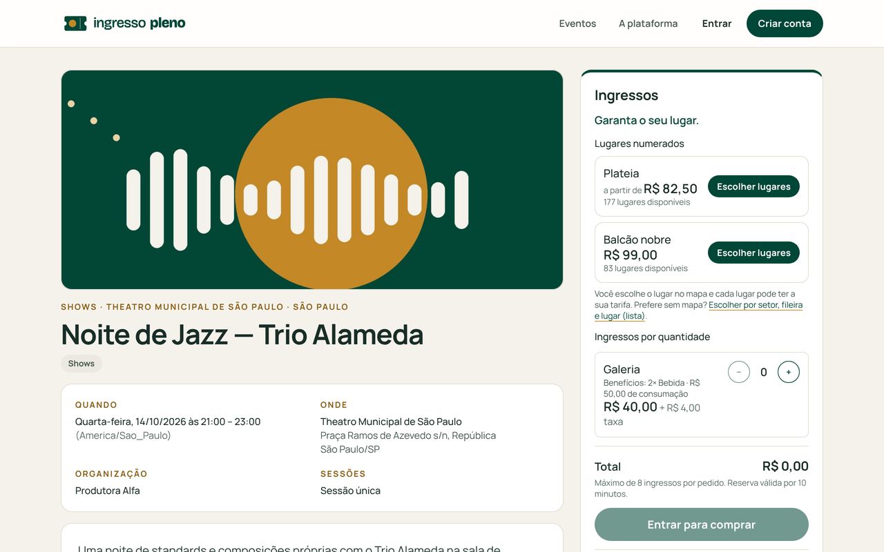 Página de um evento: data, local, descrição, galeria, mapa do local e o painel de ingressos com preços e taxas.