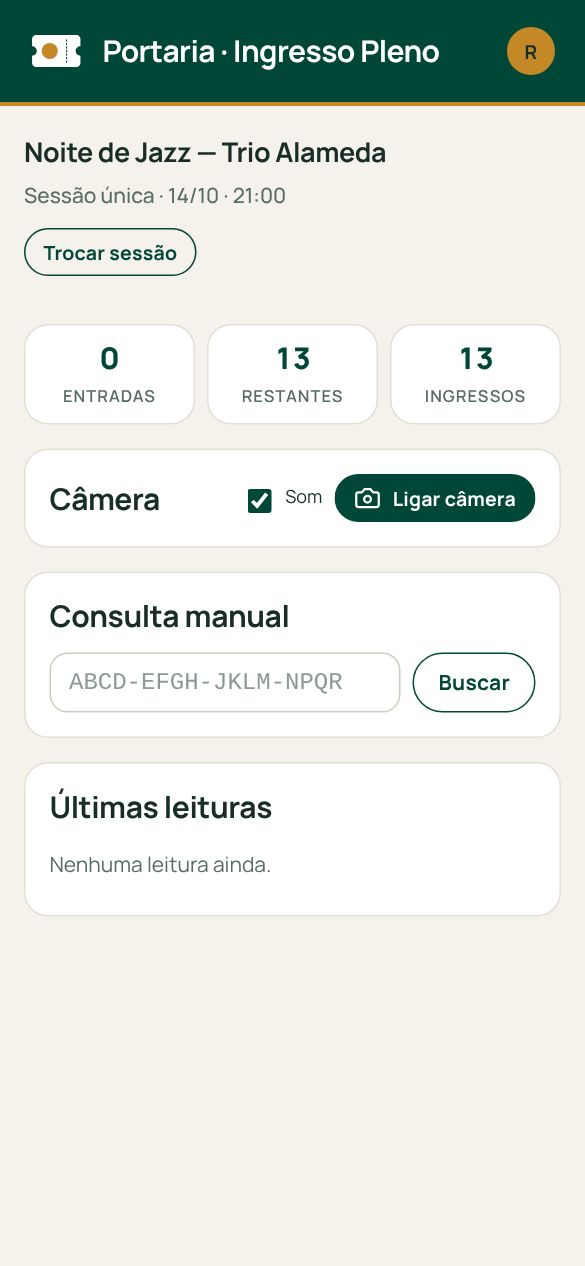 Portaria no celular: contadores de entradas, leitura do QR Code pela câmera e consulta manual pelo código.