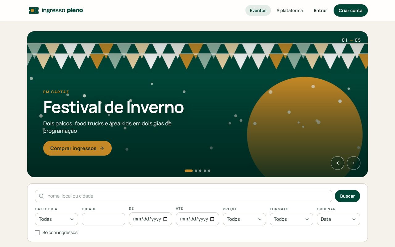 Vitrine pública com o destaque do mês, a busca e os próximos eventos.