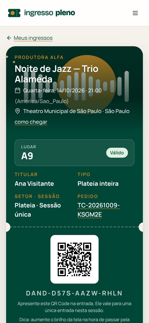 Ingresso na carteira digital do comprador, com QR Code, setor e horário.